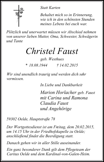Traueranzeige von Christel Faust von Die Glocke