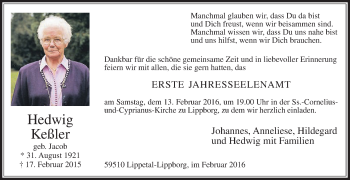 Traueranzeige von Hedwig Keßler von Die Glocke