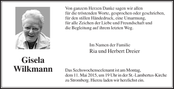Traueranzeige von Gisela Wilkmann von Die Glocke