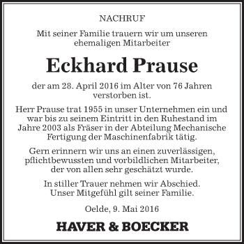 Traueranzeige von Eckhard Prause von Die Glocke