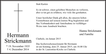 Traueranzeige von Hermann Strickmann von Die Glocke
