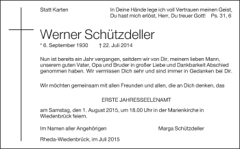 Traueranzeige von Werner Schützdeller von Die Glocke