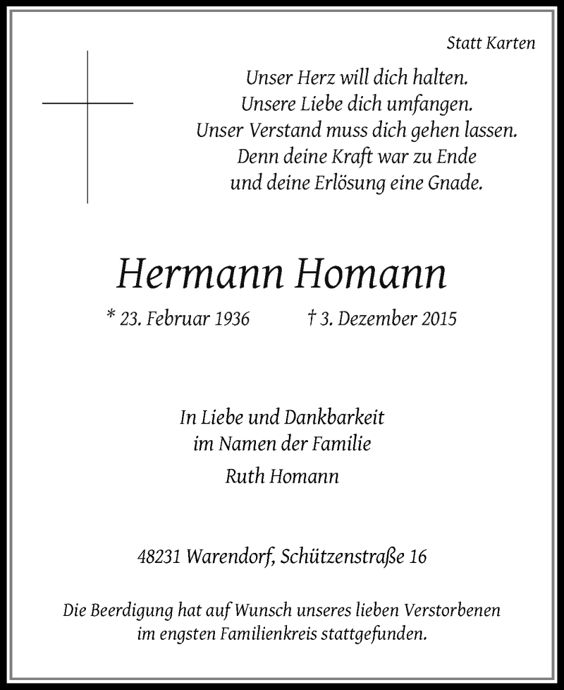  Traueranzeige für Hermann Homann vom 14.12.2015 aus Die Glocke
