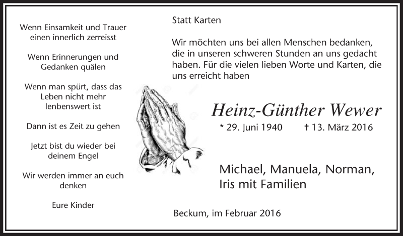  Traueranzeige für Heinz-Günther Wewer vom 14.05.2016 aus Die Glocke