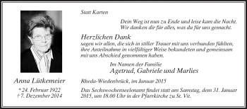 Traueranzeige von Anna Lütkemeier von Die Glocke