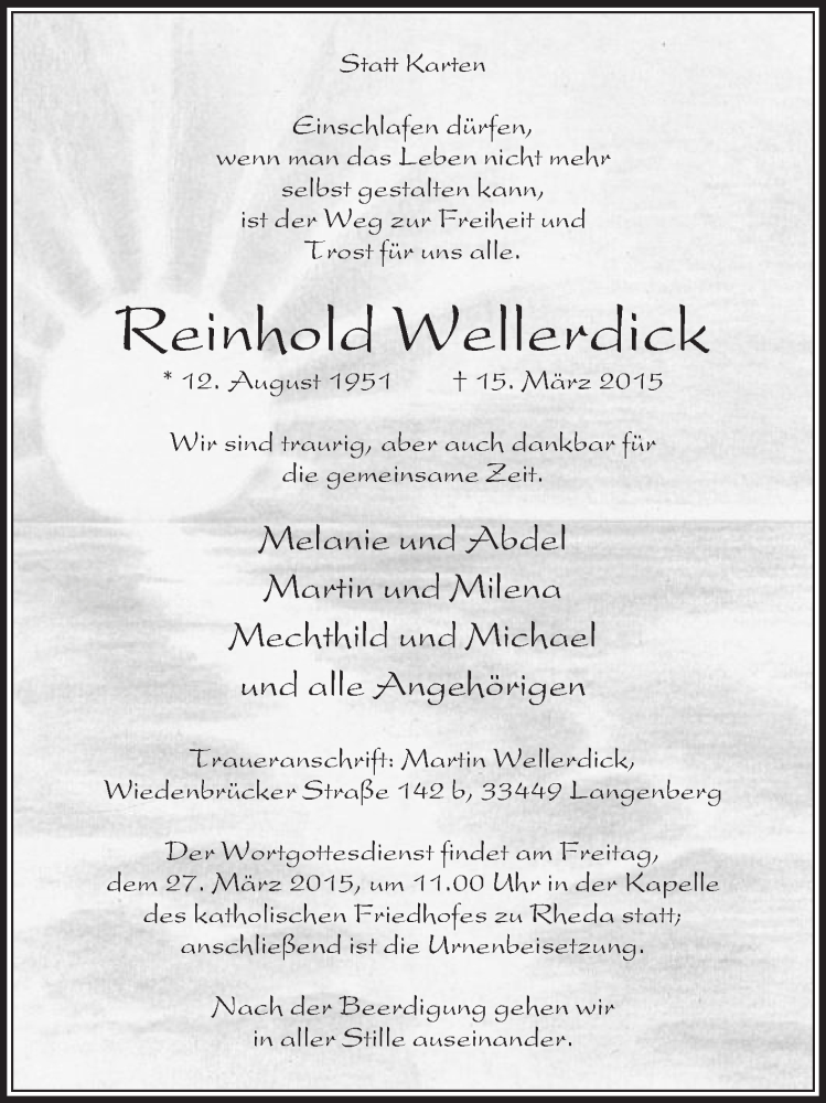  Traueranzeige für Reinhold Wellerdick vom 21.03.2015 aus Die Glocke