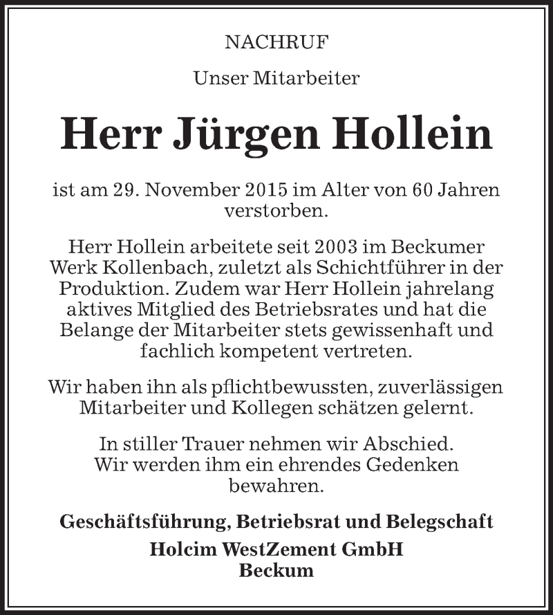  Traueranzeige für Jürgen Hollein vom 05.12.2015 aus Die Glocke