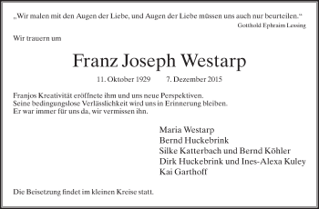 Traueranzeige von Franz Joseph Westarp von Die Glocke