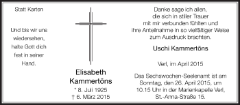 Traueranzeige von Elisabeth Kammertöns von Die Glocke