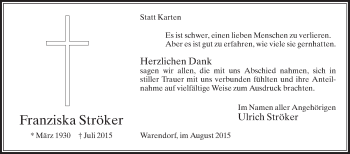 Traueranzeige von Franziska Ströker von Die Glocke