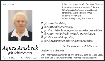 Traueranzeige von Agnes Amsbeck von Die Glocke