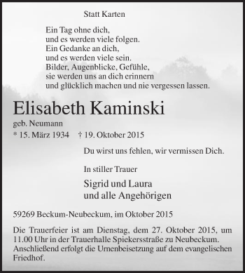 Traueranzeige von Elisabeth Kaminski von Die Glocke