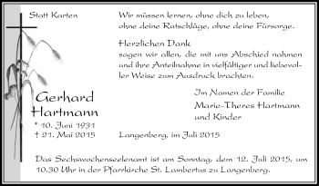 Traueranzeige von Gerhard Hartmann von Die Glocke