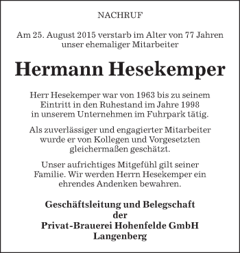 Traueranzeige von Hermann Hesekemper von Die Glocke