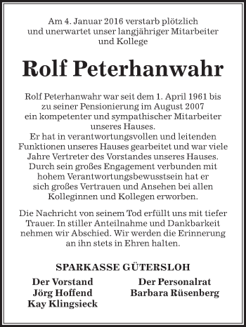 Traueranzeige von Rolf Peterhanwahr von Die Glocke