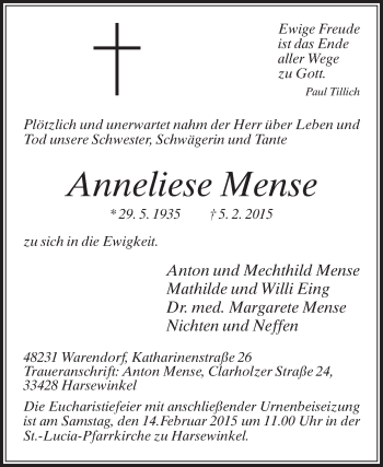 Traueranzeige von Anneliese Mense von Die Glocke