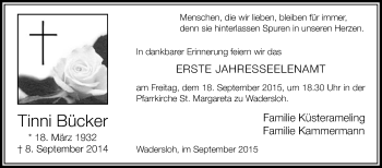 Traueranzeige von Tinni Bücker von Die Glocke