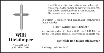 Traueranzeige von Willi Diekämper von Die Glocke