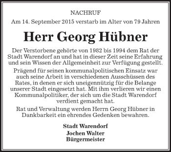 Traueranzeige von Georg Hübner von Die Glocke