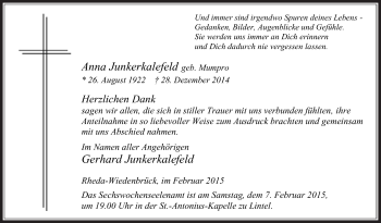 Traueranzeige von Anna Junkerkalefeld von Die Glocke