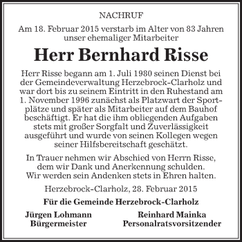 Traueranzeige von Bernhard Risse von Die Glocke