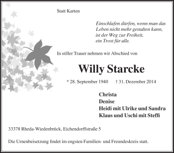 Traueranzeige von Willy Starcke von Die Glocke