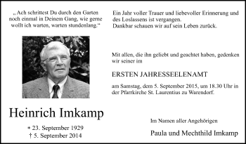 Traueranzeige von Heinrich Imkamp von Die Glocke