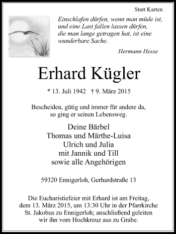 Traueranzeige von Erhard Kügler von Die Glocke
