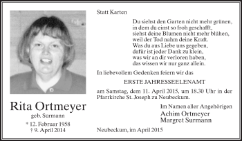 Traueranzeige von Rita Ortmeyer von Die Glocke