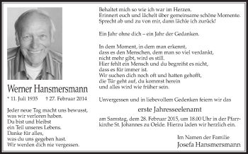 Traueranzeige von Werner Hansmersmann von Die Glocke