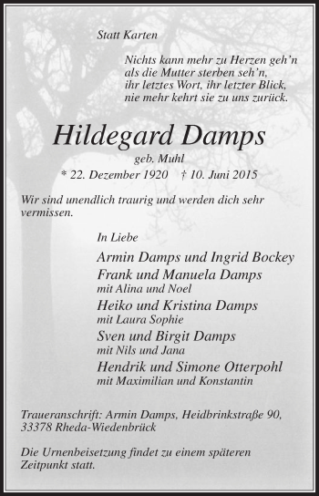Traueranzeige von Hildegard Damps von Die Glocke