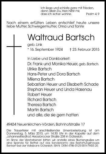 Traueranzeige von Waltraud Bartsch von Die Glocke