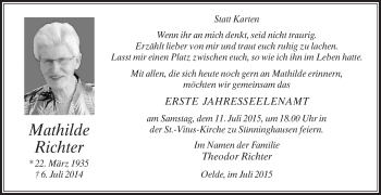 Traueranzeige von Mathilde Richter von Die Glocke