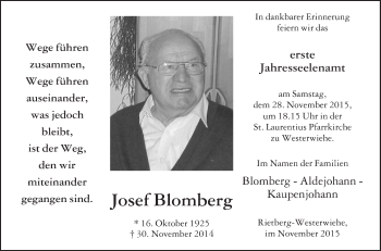 Traueranzeige von Josef Blomberg von Die Glocke