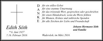 Traueranzeige von Edith Söth von Die Glocke