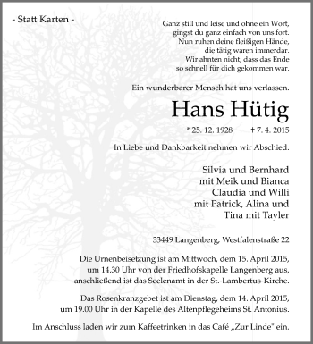 Traueranzeige von Hans Hütig von Die Glocke