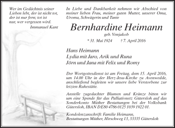 Traueranzeige von Bernhardine Heimann von Die Glocke