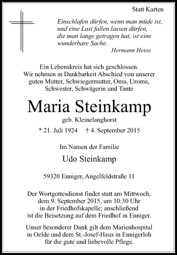 Traueranzeige von Mama Steinkamp von Die Glocke