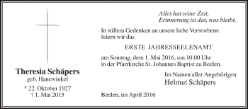 Traueranzeige von Theresia Schäpers von Die Glocke