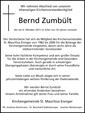 Traueranzeige von Bernd Zumbült von Die Glocke