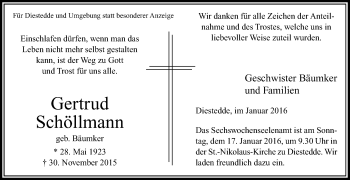 Traueranzeige von Gertrud Schöllmann von Die Glocke