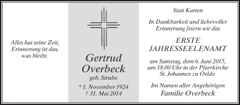 Traueranzeige von Gertrud Overbeck von Die Glocke