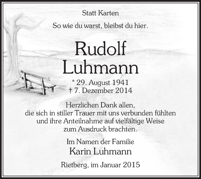  Traueranzeige für Rudolf Luhmann vom 10.01.2015 aus Die Glocke