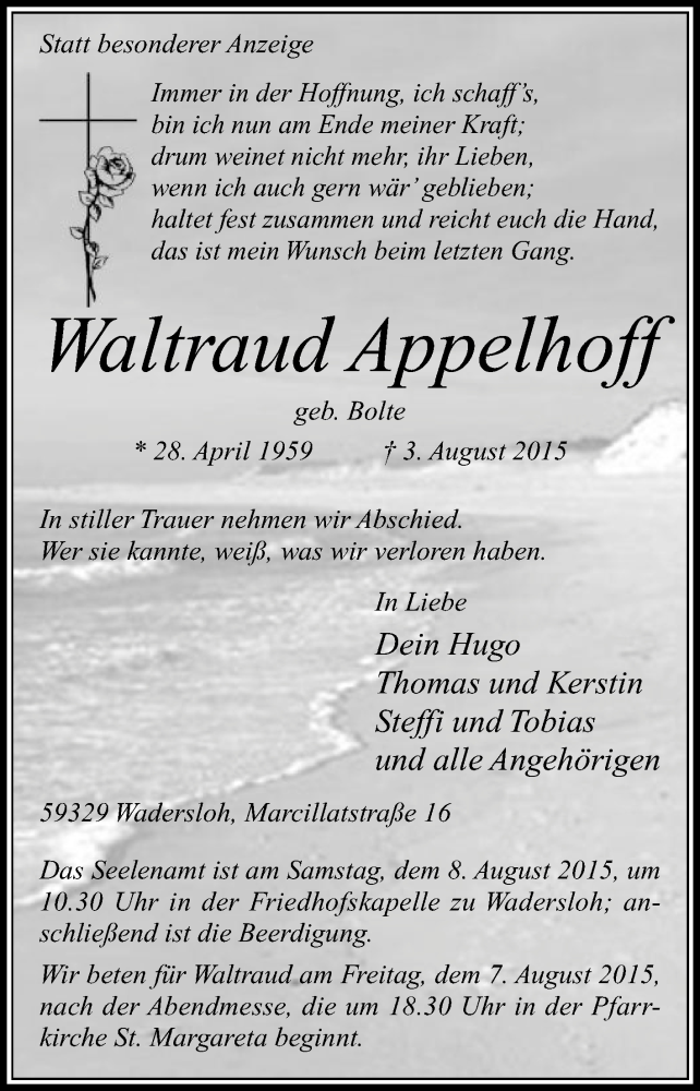  Traueranzeige für Waltraud Appelhoff vom 05.08.2015 aus Die Glocke