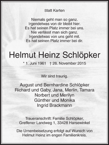 Traueranzeige von Helmut Heinz Schlöpker von Die Glocke