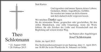 Traueranzeige von Theo Schlotmann von Die Glocke