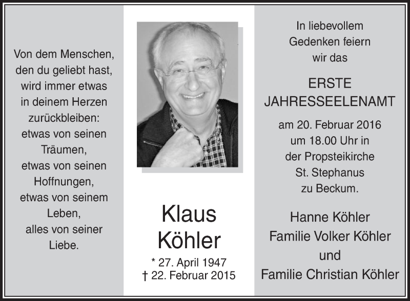  Traueranzeige für Klaus Köhler vom 13.02.2016 aus Die Glocke