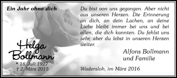 Traueranzeige von Helga Bollmann von Die Glocke
