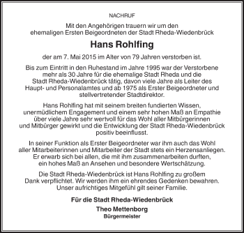 Traueranzeige von Hans Rohlfing von Die Glocke