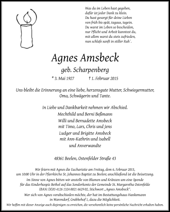 Traueranzeige von Agnes Amsbeck von Die Glocke